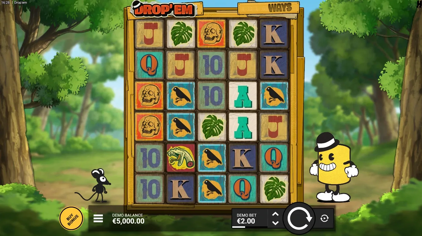 Бонусная игра Drop'em с механикой падения символов, фриспинами и интерфейсом покупки бонусных режимов.