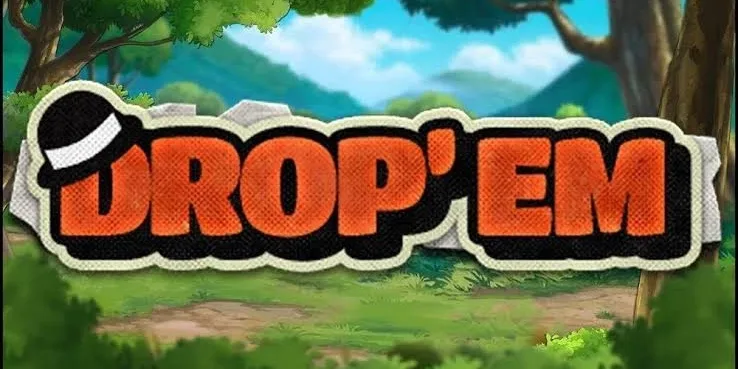 Главный экран слота Drop'em от Hacksaw Gaming с игровым полем 5×6, персонажами и Drop-символом.